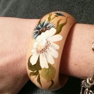 Hand Painted Wooden Bangle Bracelet Floral Daisy Blue Folk Art Boho Cottagecore